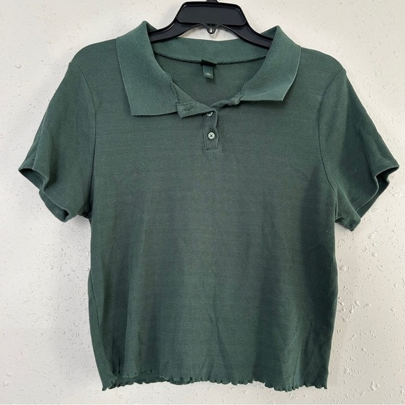 🦋 Wild Fable Green Collared Ribbed Cropped Short Sleeve T-Shirt Casual Polo 2X - Picture 1 of 6